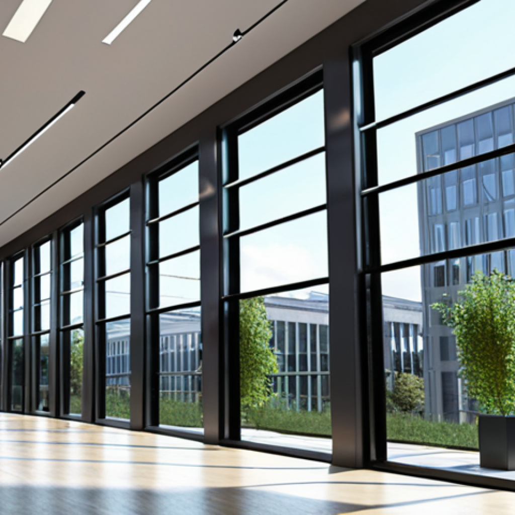 **
A modern building design showcasing innovative use of glass windows maximizing natural light, creating a bright and positive interior space.
**