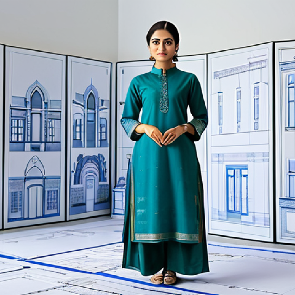 **

"A professional female architect, fully clothed in a modest shalwar kameez with a dupatta, standing confidently in front of a modern building design blueprint in a brightly lit studio, surrounded by architectural models. Safe for work, appropriate content, perfect anatomy, correct proportions, natural pose, professional, high-quality rendering."

**
