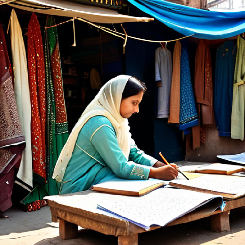 **
"A bustling marketplace scene in Lahore, Pakistan. A female architect, fully clothed in a shalwar kameez with intricate embroidery, is sketching a building design in her notebook. Vendors sell colorful textiles and spices around her. Sunlight filters through a traditional awning. Safe for work, appropriate content, professional, modest, family-friendly, perfect anatomy, correct proportions, natural pose, well-formed hands, proper finger count, natural body proportions, high quality."
**