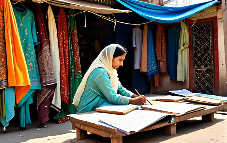**
"A bustling marketplace scene in Lahore, Pakistan. A female architect, fully clothed in a shalwar kameez with intricate embroidery, is sketching a building design in her notebook. Vendors sell colorful textiles and spices around her. Sunlight filters through a traditional awning. Safe for work, appropriate content, professional, modest, family-friendly, perfect anatomy, correct proportions, natural pose, well-formed hands, proper finger count, natural body proportions, high quality."
**