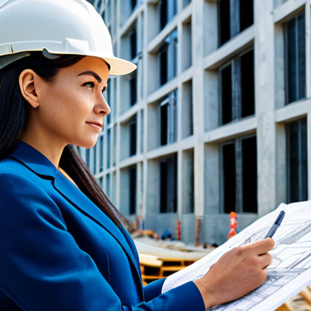 **
A professional female architect in a modest, well-tailored pantsuit, reviewing blueprints on a construction site. Background includes a partially constructed modern building and construction workers in the distance. Perfect anatomy, correct proportions, natural pose, well-formed hands, proper finger count, natural body proportions, safe for work, appropriate content, fully clothed, professional.
**