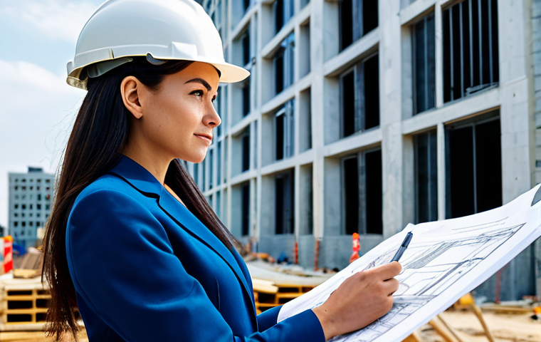 **
A professional female architect in a modest, well-tailored pantsuit, reviewing blueprints on a construction site. Background includes a partially constructed modern building and construction workers in the distance. Perfect anatomy, correct proportions, natural pose, well-formed hands, proper finger count, natural body proportions, safe for work, appropriate content, fully clothed, professional.
**