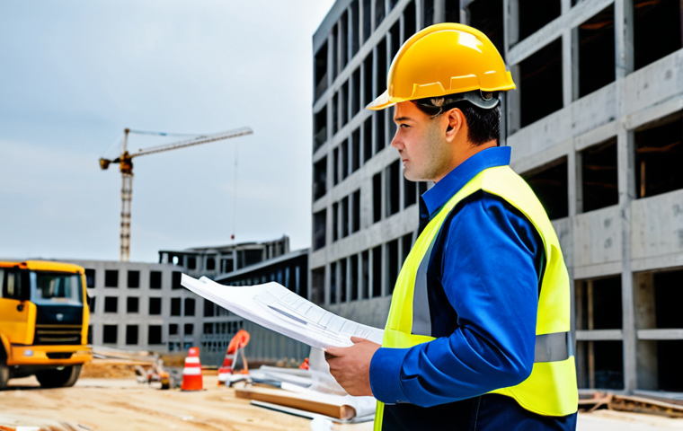 **Prompt:** Professional architect, fully clothed in modest attire, reviewing blueprints at a construction site. Background: partially constructed modern building, hard hats visible. Keywords: safe for work, appropriate content, professional, perfect anatomy, construction site.
