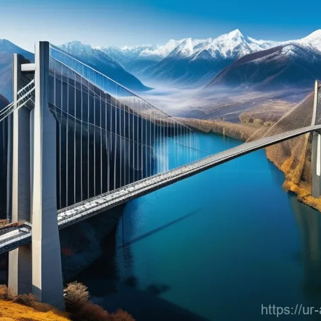 건축기술사 현장 사례 연구 - **Prompt 1: "A grand, modern suspension bridge gracefully arching across a deep, misty valley nestle...