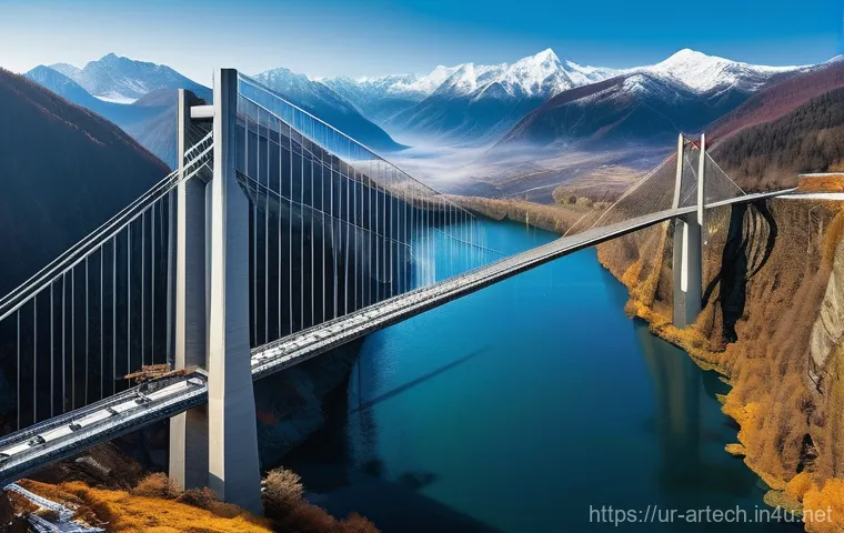 건축기술사 현장 사례 연구 - **Prompt 1: "A grand, modern suspension bridge gracefully arching across a deep, misty valley nestle...