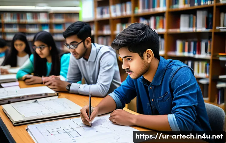 건축기술사 필기시험 문제 유형 분석 - **Prompt:** A diverse group of young male and female engineering students, in their late teens to ea...